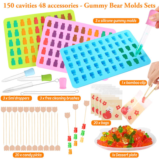 Gummy Bear & Worm Silicone Candy Molds, 4 Pack Set - Nonstick Trays with 2  Droppers for Chocolate, Ice Cubes, BPA-Free -Makes up to 62 Candies -Summer