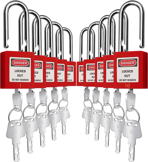 TRADESAFE Lockout Tagout Steel Cable Locks with Keys - 10 Red Keyed Alike  Unlimited Grouping Electrical Lockout Padlock Set, 2 Keys Per Lock, Premium