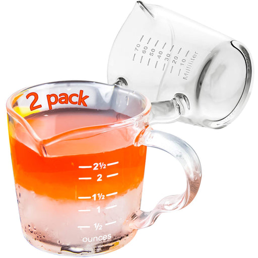 QWORK Espresso Shot Glass with Handle, 2 Pack 3-Ounce Double Spout Glass  Measuring Cup Triple Pitcher Milk Cup with Two Scales (OZ&ML)