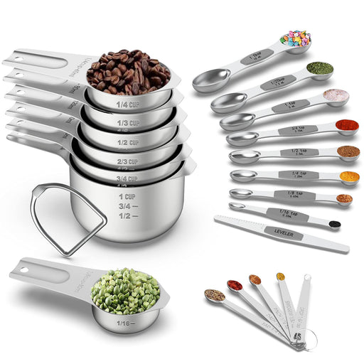 Measuring Cups and Spoons Set Stainless Steel Includes 8 Heavy  Duty Measuring Cups 8 Double Sided Magnetic Measuring Spoons and 1 Leveler  for Dry and Liquid Ingredients: Home & Kitchen