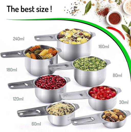 Chef Pomodoro Stainless Steel Measuring Cup Set, Nested and Stackable with 7 Pieces, Sturdy Extra-Long Handles with Lasered Markings and Sorting