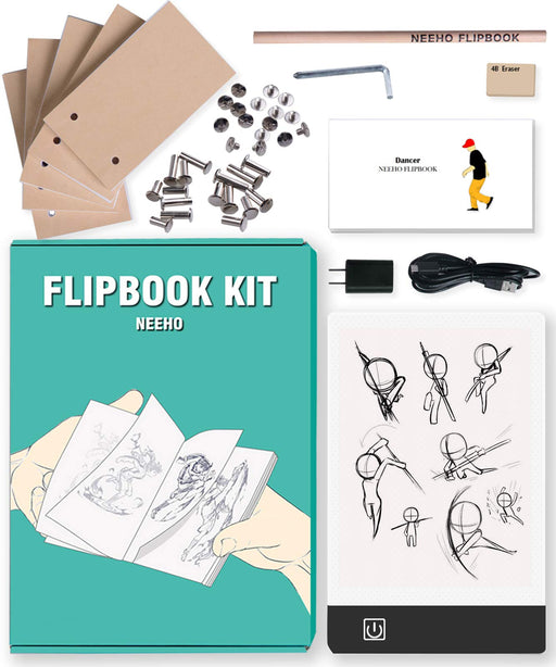 Official Andymation's Flipbook Kit for Kids & Adults with LED Light Pad for  Drawing & Tracing Animation, Premium Pre-drilled Flip Book Paper, Removable  Binding Screws, Bonus Flipbook 