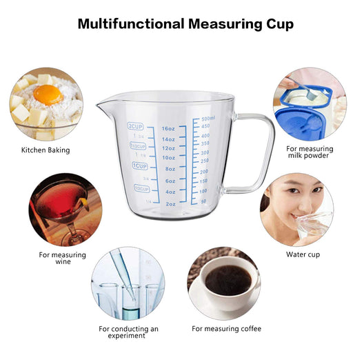 Goeielewe Glass Measuring Cup with Lid, Graduated Beaker Mug with Handle, Borosilicate Glass V-Shaped Spout Microwave Safe Scales Milk Cup for