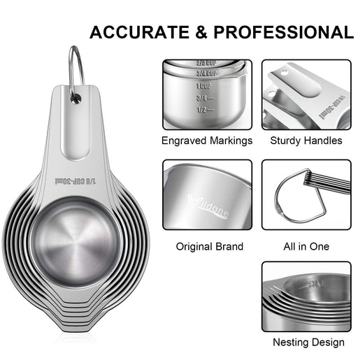 Measuring Cups and Magnetic Measuring Spoons Set, Wildone Stainless Steel 8  Measuring Cups, 7 Double Sided Stackable Magnetic Measuring Spoons, 1