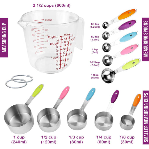 Cook with Color Measuring Cup Set - 9 Pc. Nesting Stackable Liquid Measure Cup, Dry Measuring Cups and Spoons with Funnel and Scraper (Grey and Pink)