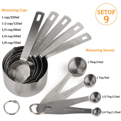 Heavy Duty Professional 10-pc Stainless Steel Measuring Cups and Spoons Set  with Riveted Handles, Polished Stackable Measuring Cup and Measuring