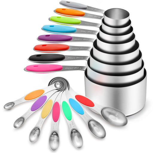 KPKitchen Stainless Steel Measuring Cups and Spoons Set of 16 - 7 Cup & 7  Spoon + Conversion Chart & Leveler - Metal Measuring Spoons and