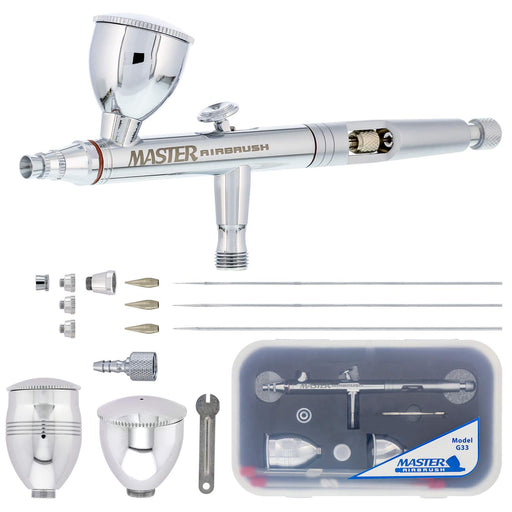 Master Performance G222 Pro Set Master Airbrush with 3 Nozzle Sets (0.2,  0.3 & 0.5mm Needles, Fluid Tips and Air Caps) - Dual-Action Gravity Feed