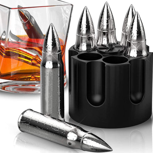 Whiskey Stones Large 6 Laser Engraved Stainless Steel Silver Bullets with  Revolver Barrel Base Reusable Chilling Rocks Stone Ice Cubes Chillers Birth