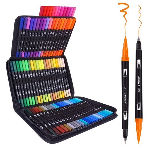 Eglyenlky Colored Markers for Adult Coloring Books Dual Tip Brush Pens with 100 Watercolor Fine Tip Markers (0.4mm) and Brush PE