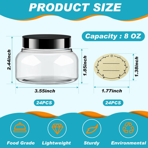 TUZAZO 8 oz Plastic Jars with Lids and Labels - Premium Refillable