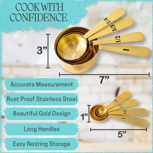  Muchtolove Measuring Cups and Spoons Set of 8, Golden Stainless  Steel Measuring Cup with Wooden Handle, Kitchen/Food/Liquid/Baking: Home &  Kitchen