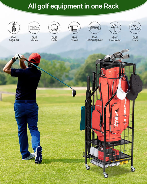 Morvat Golf Organizer Extra Large Double Metal Black Stand Perfect Way to  Store & Organize Your Golfing Bags, Clubs, Balls, Gadgets, Accessories 