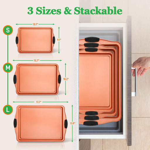 CopperKitchenUSA CopperKitchen Original Cookie Sheet & Roasting Tray Set -  3 pcs Toxic Free NONSTICK - Organic Environmental Friendly Premium