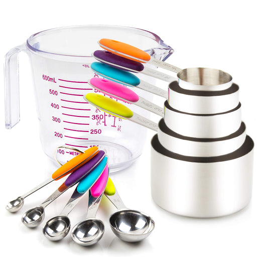 Cook with Color Measuring Cup Set - 9 Pc. Nesting Stackable Liquid Measure Cup, Dry Measuring Cups and Spoons with Funnel and Scraper (Grey and Pink)