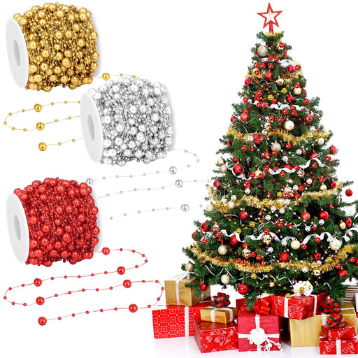 32.8ft Roll Christmas Garland Christmas Tree Gold Bead Decoration Clear  Iridescent & Gold Bead Garland Twist Bead String for Christmas Tree