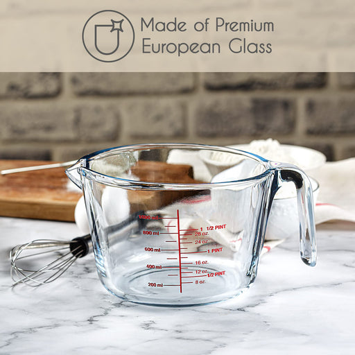 Simax Glass Measuring Cup  Durable Borosilicate Glass, Easy to Read Metric  Measurements- Liter, Milliliter, Ounce, Sugar Grams, Flour Grams, Drip Free  Spout, Microwave and Dishwasher Safe (16-Ounce) 