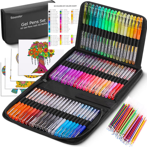 120 Pack Glitter Gel Pens Set, ZSCM 60 Colors Pens Include 48 Glitter Pens,  12Classic Pen With 60 Matching Color Refills, Canvas Bag For Adults