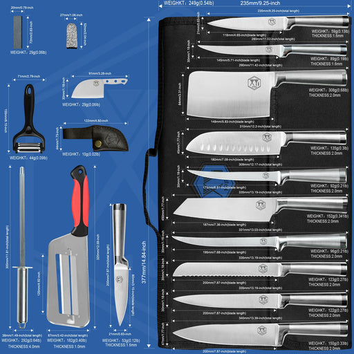 XYJ Stainless Steel Kitchen Knives Set 8 Piece Chef Knife Set with Carry  Case Bag & Sheath Well Balance Ergonomic Handle