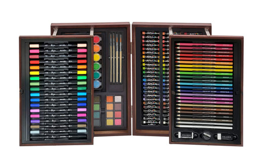 Art 101 Doodle and Color 142 Pc Art Set in a Wood Carrying Case, Includes  24 Premium Colored Pencils, A variety of coloring and painting mediums