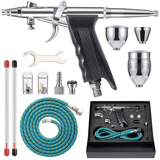 Airbrush Kit Dual Action Spray Gun, Air Brush for Painting Set with 0.3,  0.2, 0.5mm Needles/Nozzles/Air Cap, 1/3 oz Paint Cup, Air Hose, for Tattoo