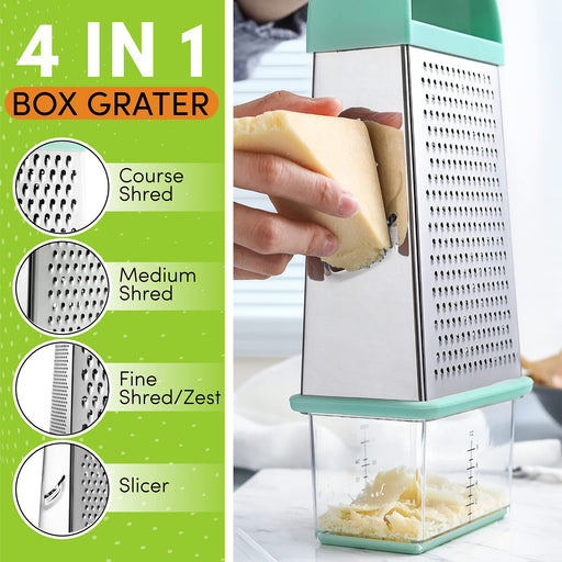 Ourokhome Cheese Grater with Handle, Stainless Steel Box Grater, 4 Side 10  inch Vegetable Grater,Slicer, Shredder, Zester with a Container for Lemon
