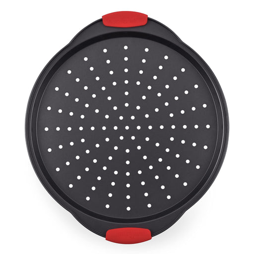 Bakken- Swiss Pizza Tray 2 Round with Silicone Handles Carbon Steel Pizza Pan with Holes and Non-Stick Coating PFOA PFOS and PTFE Free by Bakken, B