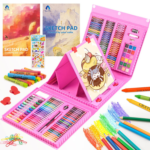  Sunnyglade 145 Piece Deluxe Art Set, Wooden Art Box & Drawing  Kit with Crayons, Oil Pastels, Colored Pencils, Watercolor Cakes, Sketch  Pencils, Paint Brush, Sharpener, Eraser, Color Chart (Pink) 