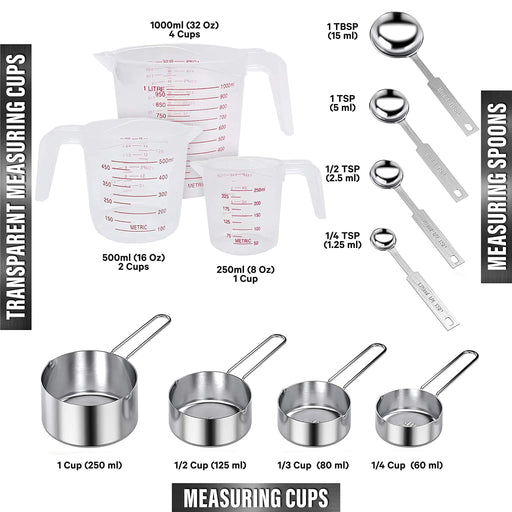 AIKEXIN 20-Piece Measuring Cups and Spoons Set, Nesting Stainless Steel  Measuring Cups Spoons with Plastic Measuring Cup for Dry and Liquid