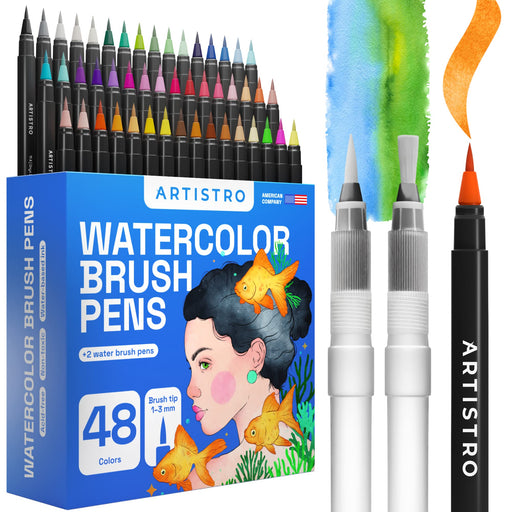 Colorya Watercolor Brush Pens - 50 Real Nylon Tip Art Pens & 2 Water Tank Brushes - Watercolor Pens for Adult Coloring Books, Watercolor Painting, Cal