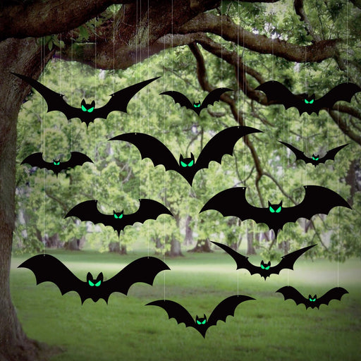 24 PCS Hanging Bats Halloween Decorations Outdoor, Large Flying Bats with  75 Pairs of Glow-in-The-Dark Eyes Stickers and 1 Roll of Fishing Line for  Tree and Porch - Outside Halloween Decor 