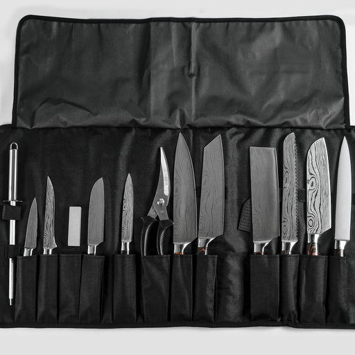 FULLHI 14pcs Knife Set, Black Resin Handle 8pcs Chef Knives with Roll bag  and Gadgets, Japanese Knife Set, Premium German Stainless Steel Kitchen Knife  Set