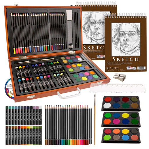  Sunnyglade 145 Piece Deluxe Art Set, Wooden Art Box & Drawing  Kit with Crayons, Oil Pastels, Colored Pencils, Watercolor Cakes, Sketch  Pencils, Paint Brush, Sharpener, Eraser, Color Chart (Blue) 