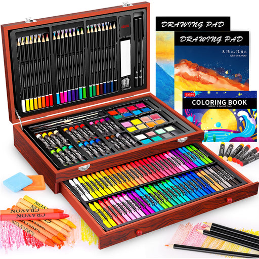 146 Piece Deluxe Art Set with Easel, Wooden Art Box with 2 Drawing Pad,  Drawing Kit with Crayon,Oil Pastel,Colored Pencil,Watercolors Cake,  Creative