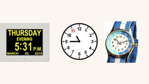 Digital, analogue clocks and wrist watch