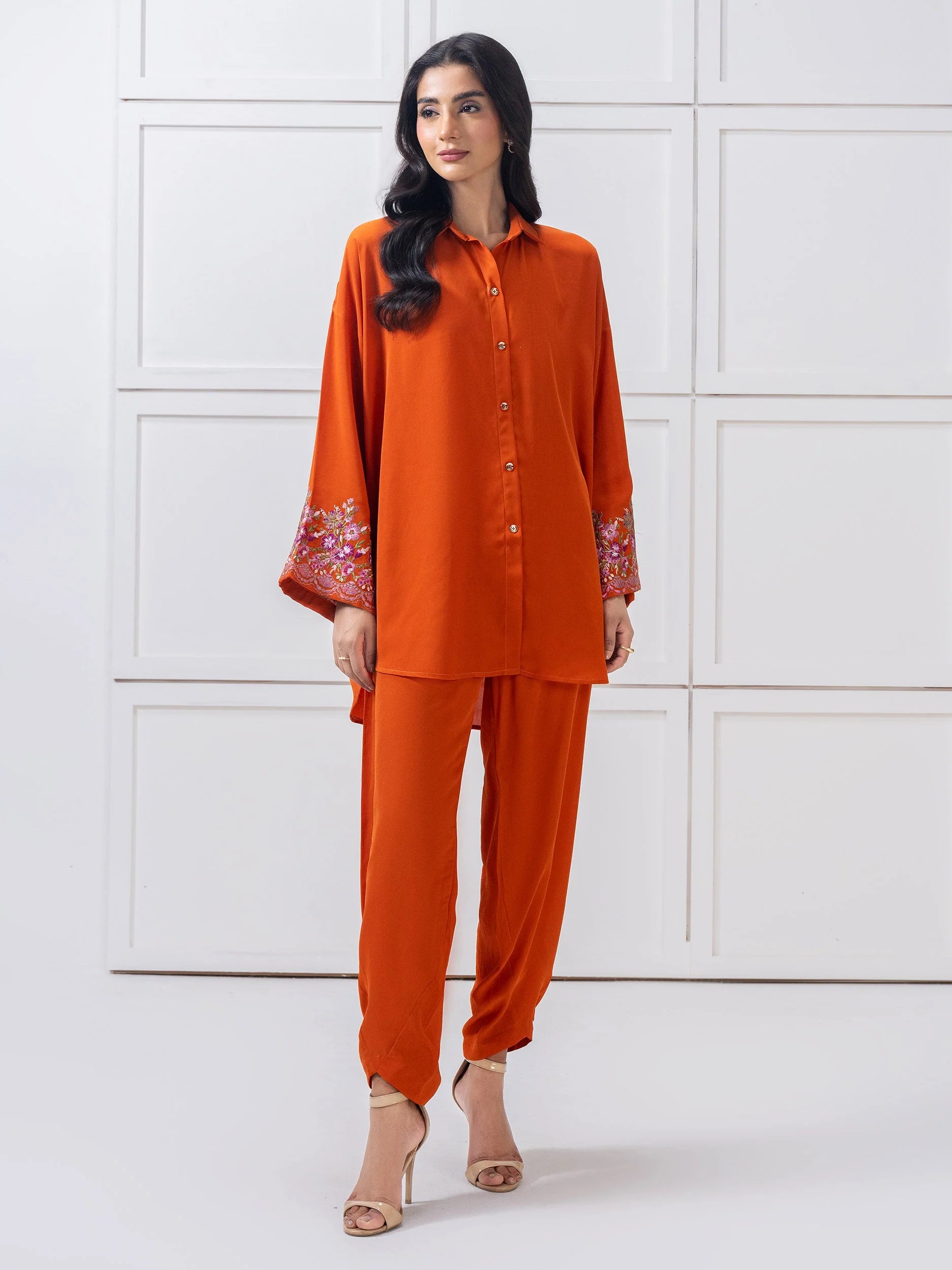 Grip Embroidered Co-Ord Set | Orange Co Ord Set For Women By Limelight