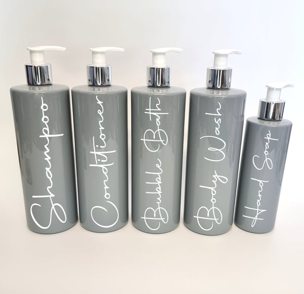 Best Selling Mrs Hinch Inspired Grey 500ml 250ml Reusable Pump Bottles - Shampoo, Conditioner, Body Wash, Baby, Bubble Bath, Soap Dispenser