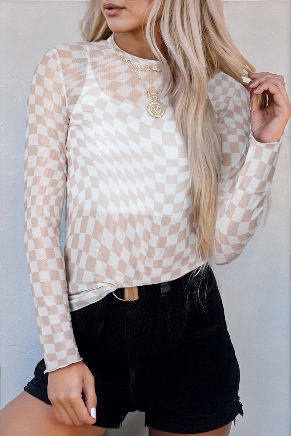Ladies Khaki Checkered Pattern Mesh Mock Neck Long Sleeve Top