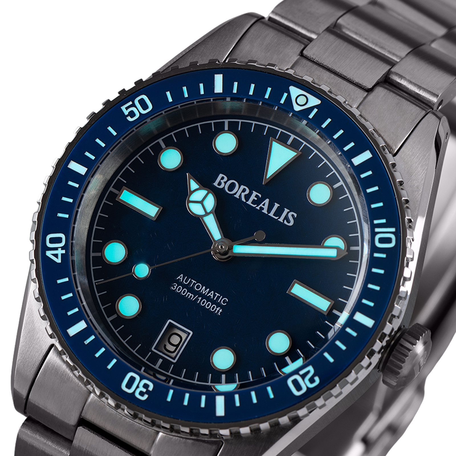 Borealis Bull Shark V2 Blue Dial Mercedes Hands Date Miyota 9015 - Borealis  Watch Company