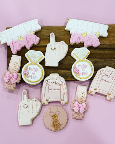 Sugar Cookies Sydney Including Personalised Wedding Cookies with Bride to Be Cookie, White Finger Cookie and Champagne Flute Cookie