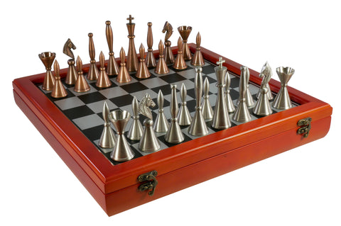 Chess Set - Solid Brass Art Deco Chessmen on Red Decoupage Chess