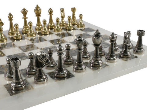 Chess Set - Large Metal Staunton Men on Marble Decoupage Chess