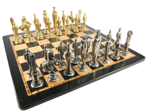 Chess Set - Large Metal Staunton Men on Marble Decoupage Chess