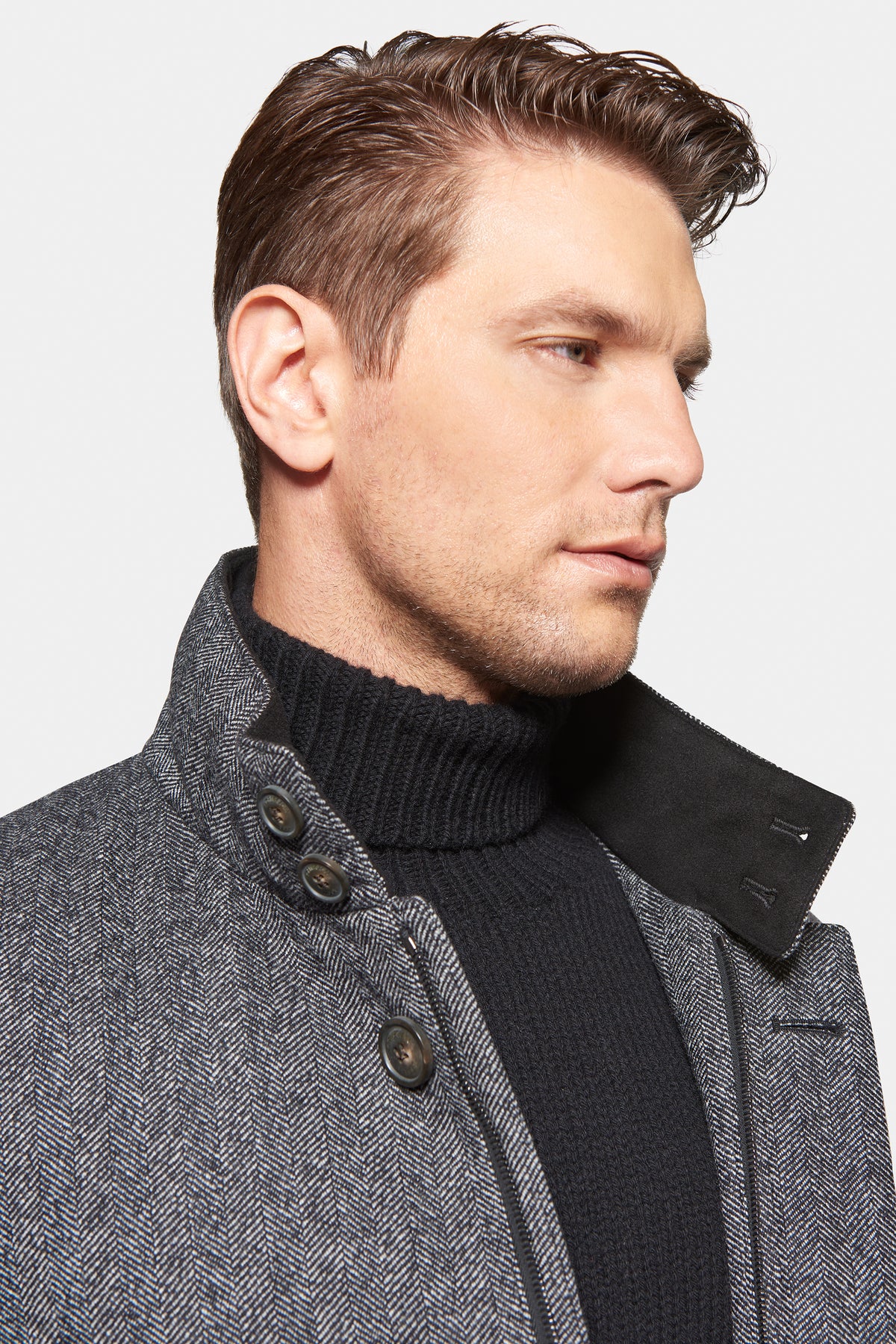 Cashmere Wool Topcoat Grey Black Herringbone