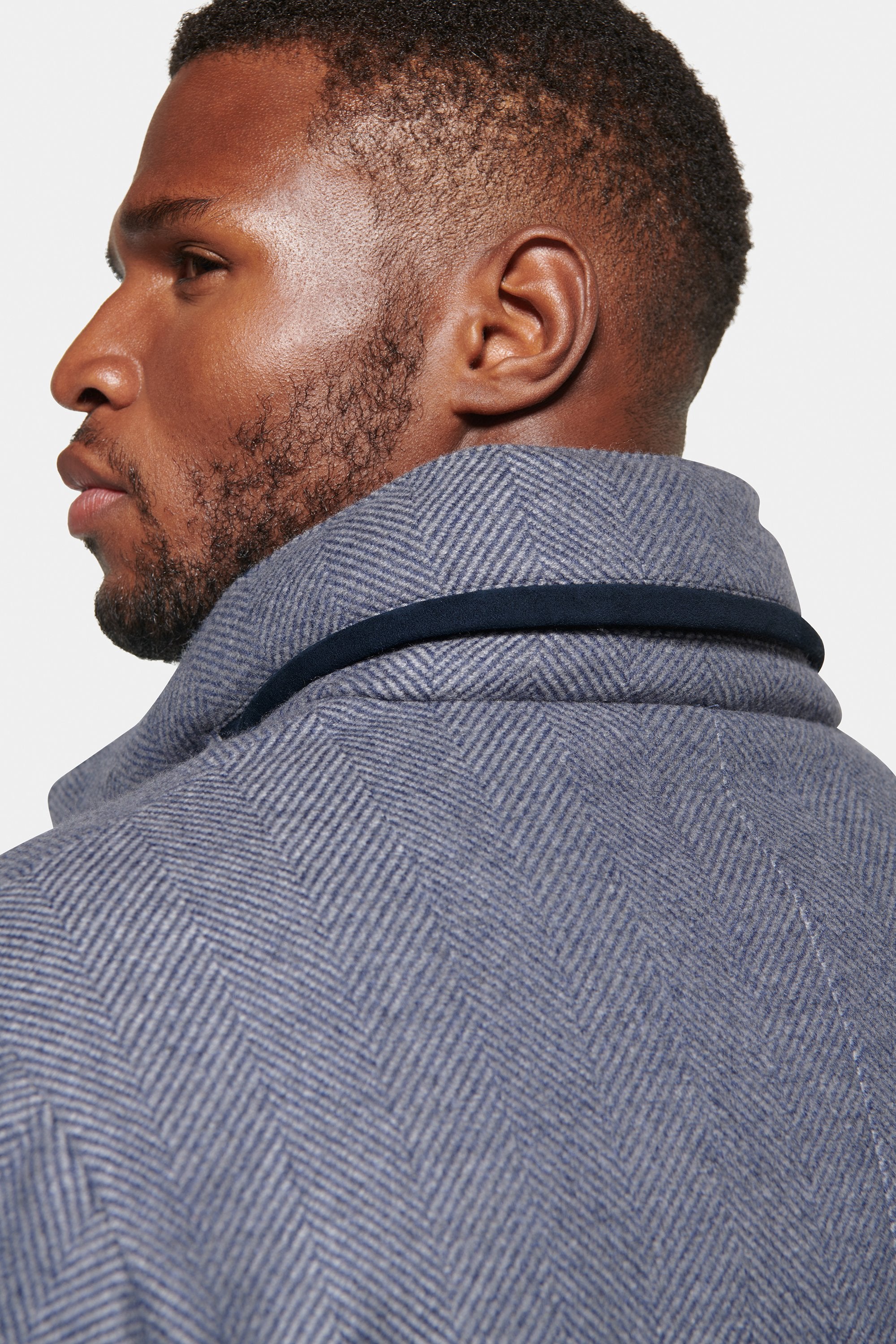 Hooded Cashmere Wool Car Coat Light Grey Blue Herringbone