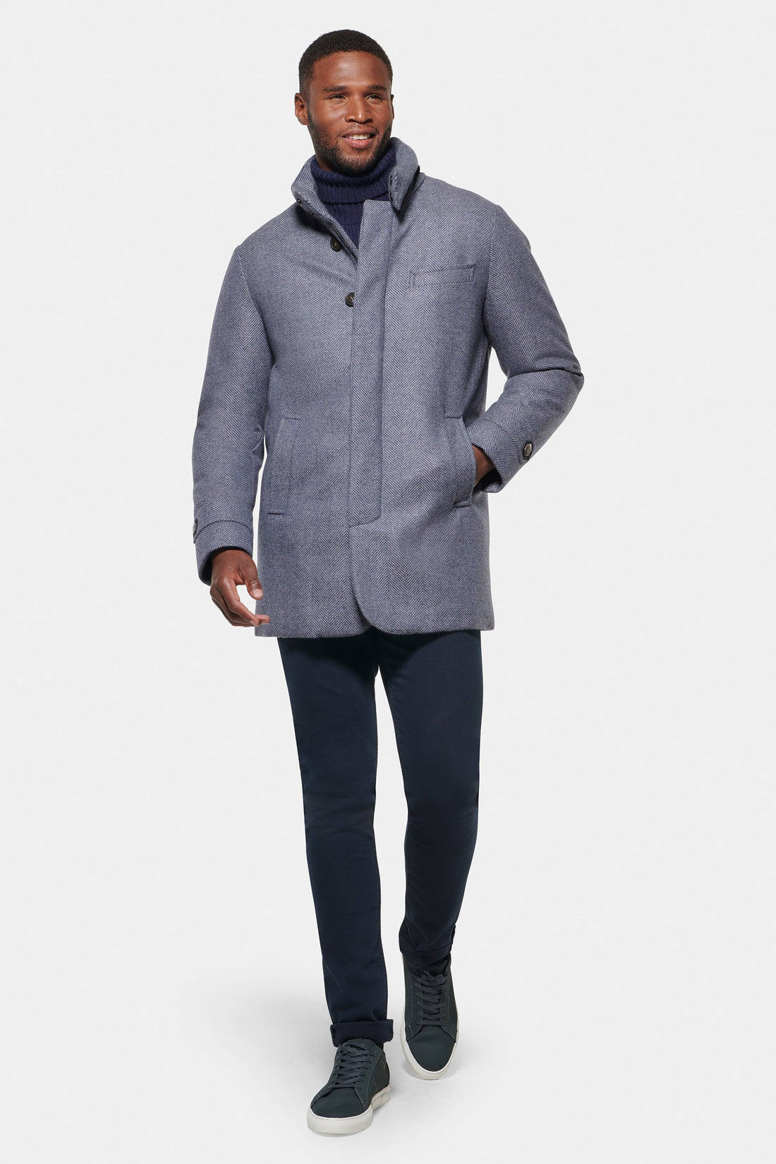 Hooded Cashmere Wool Car Coat Light Grey Blue Herringbone - Norwegian Wool