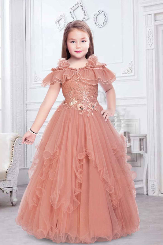 Designer Peach Coloured fully flared Plain Chiffon fabric Dress Gown