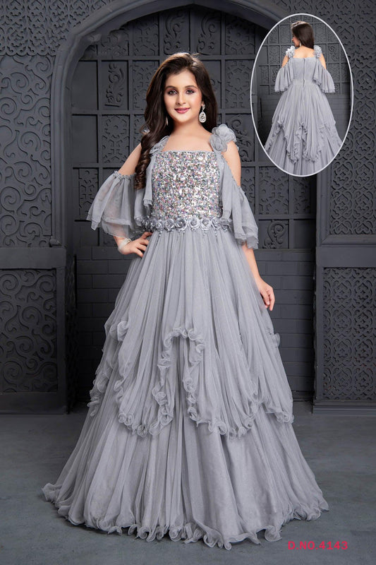 Layered frilled taffy colored full length gown with ruffle sleeveless  pattern. – Lagorii Kids