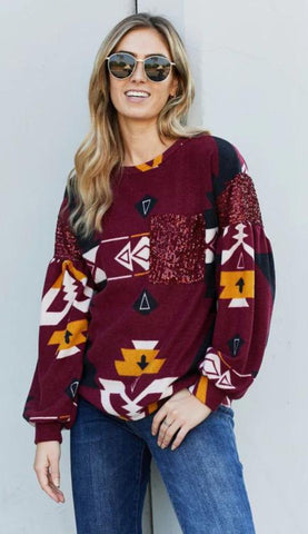 Boho Printed Sequin Top In Burgundy fro party ideas