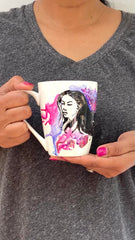 hand painted mug with woman and splashes of color